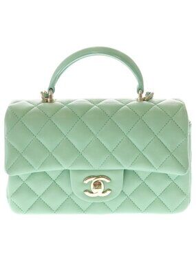 Chanel Top Handle Mini Flap Chain Shoulder Bag Light Green Lambskin Gold